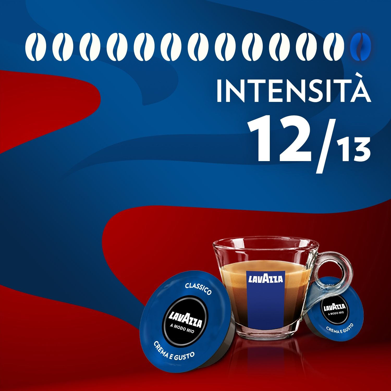L'immagine presenta capsule di caffè Lavazza, una tazza di caffè e il testo che indica l'intensità 12/13. Sfondo blu e rosso.