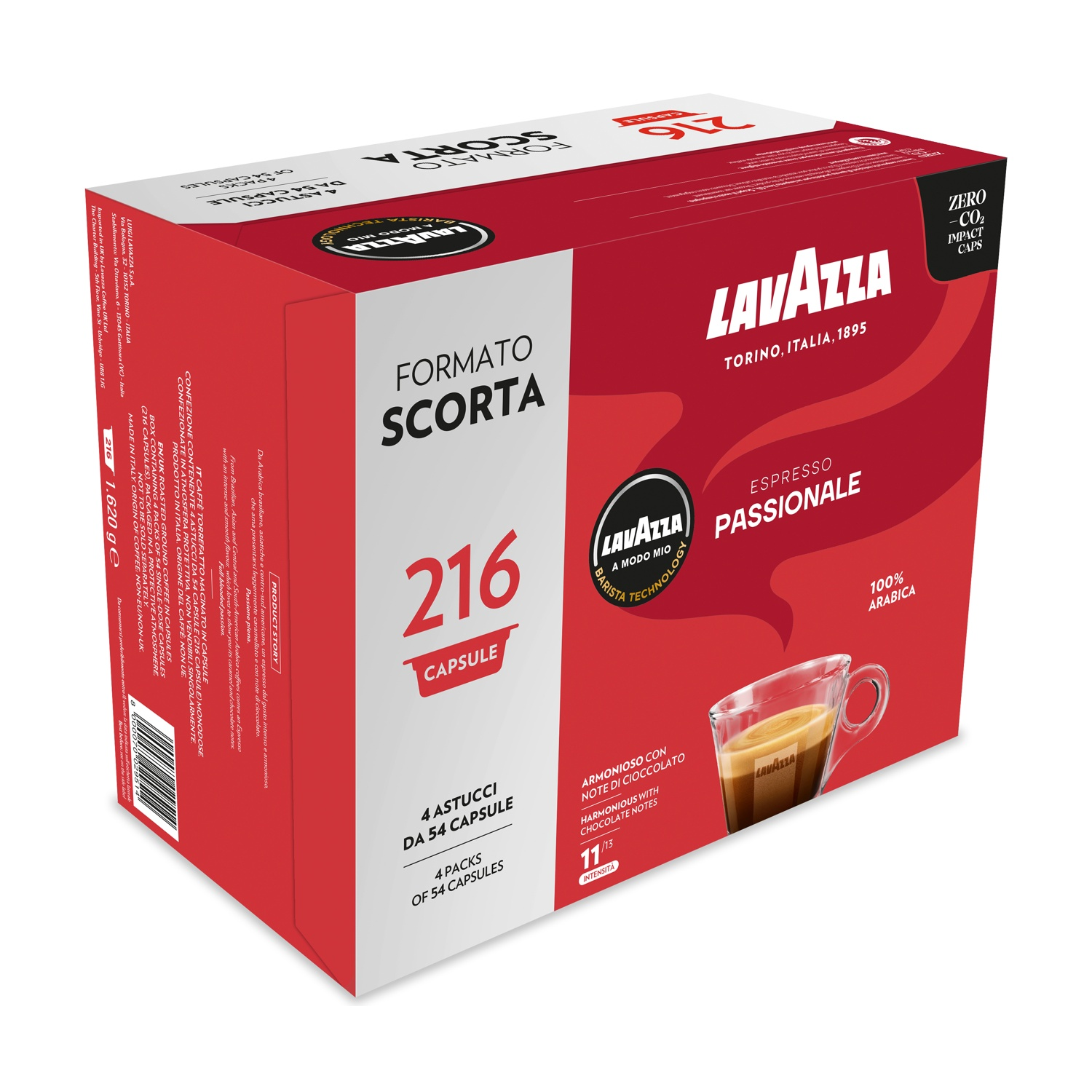 Una scatola di caffè Lavazza con 216 capsule. Ha un design rosso e bianco con immagini e testo di tazze di caffè.