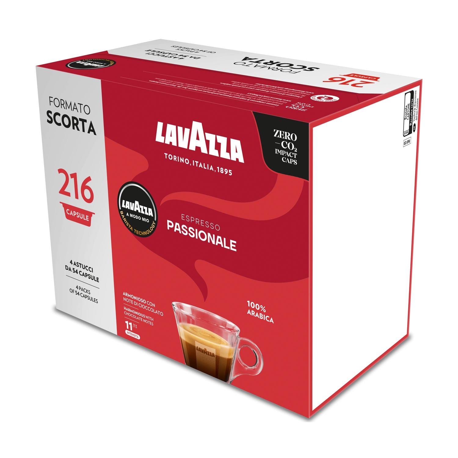 Scatola di caffè Lavazza. Confezione rossa e bianca con testo e immagine tazza di caffè. Contiene 216 capsule. Espresso Passionale.
