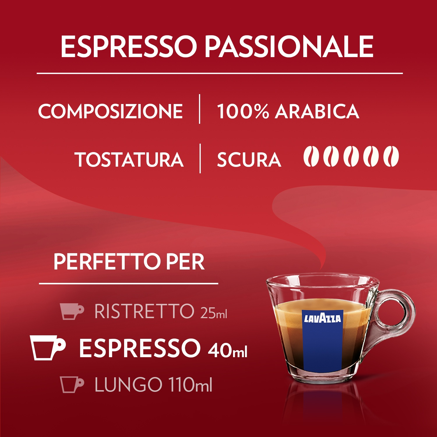Una pubblicità di espresso con una tazza di caffè. Il testo include 'ESPRESSO PASSIONALE', '100% Arabica' e il logo 'LAVAZZA'.