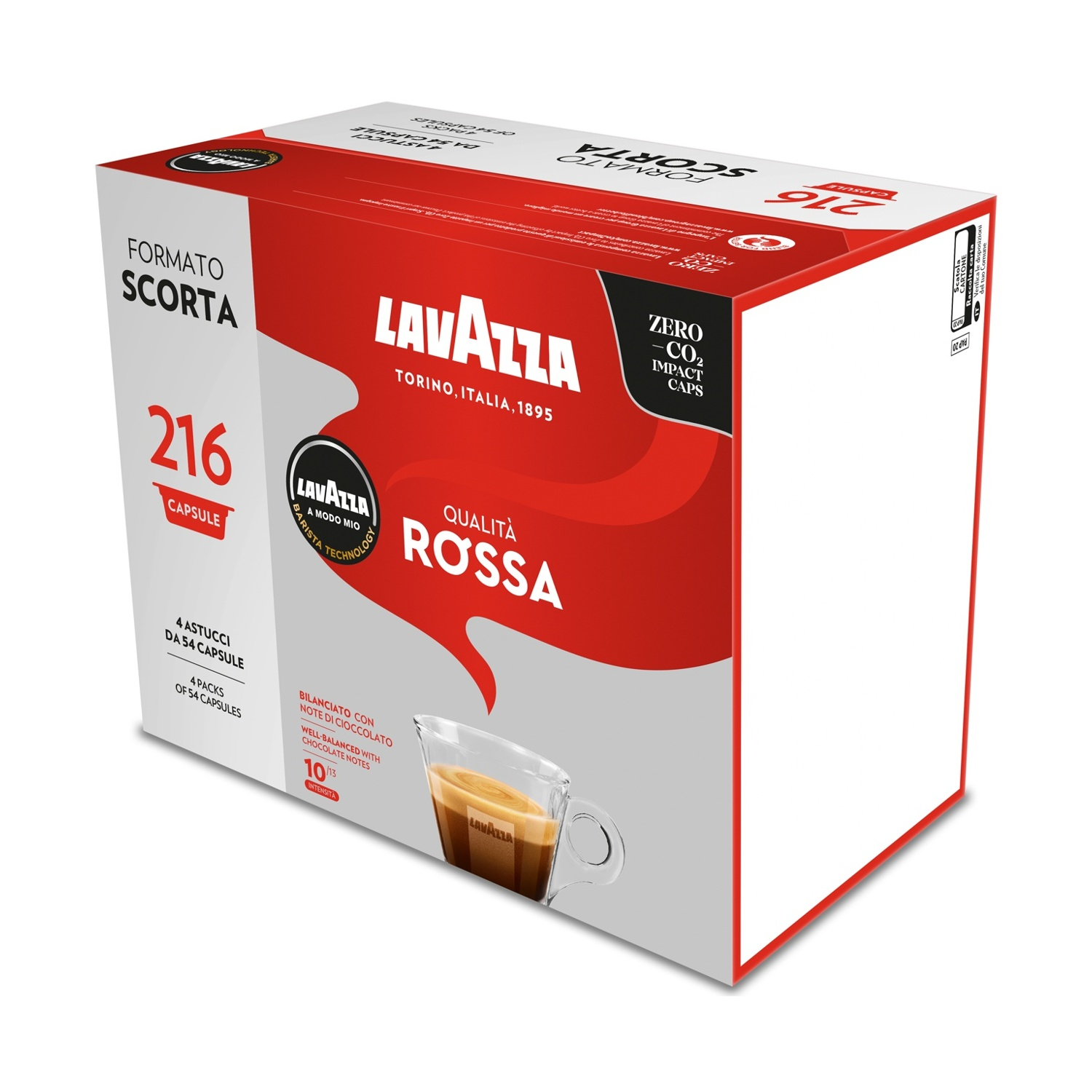 Viene mostrata una scatola di caffè Lavazza. È rossa e bianca. Sul davanti è raffigurata una tazza di caffè. Sulla scatola c'è la scritta "216".