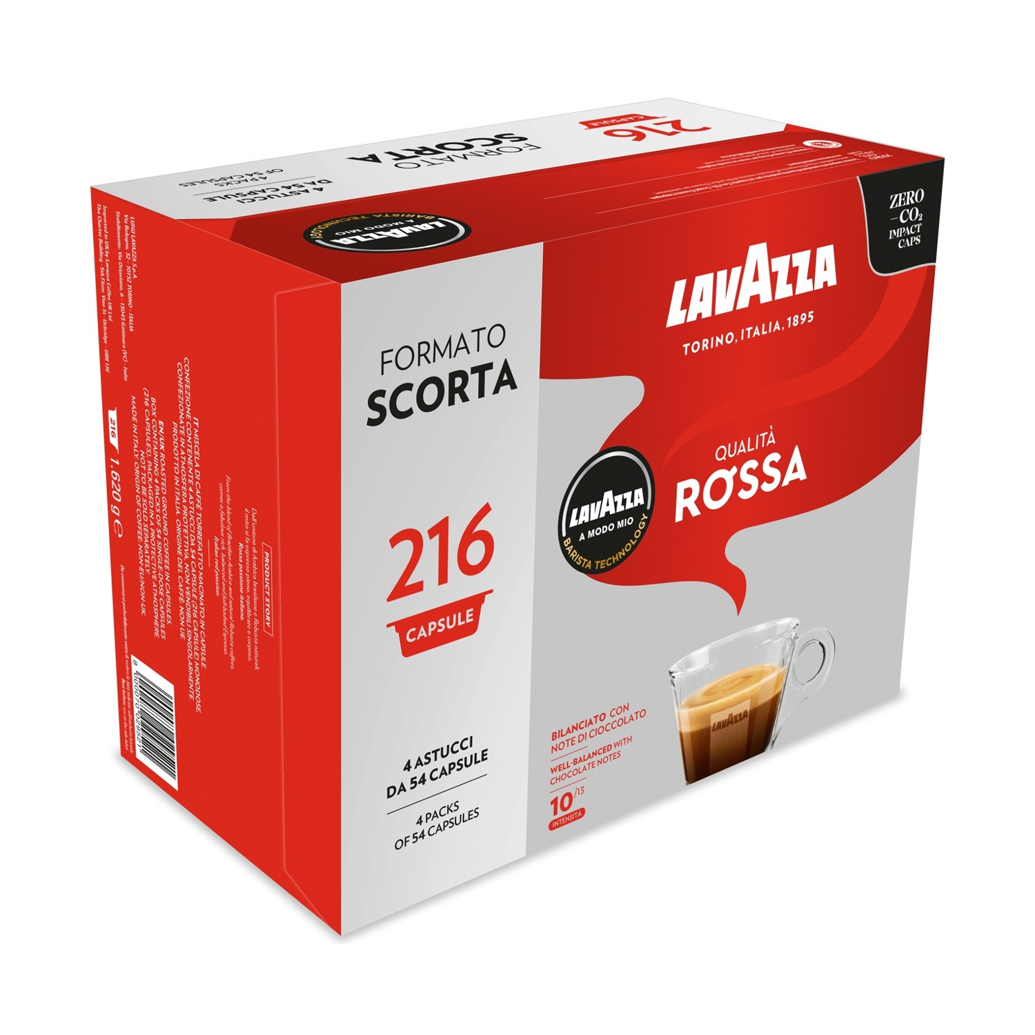 Scatola di caffè Lavazza con 216 capsule, design rosso e bianco. Tazza di caffè a lato.