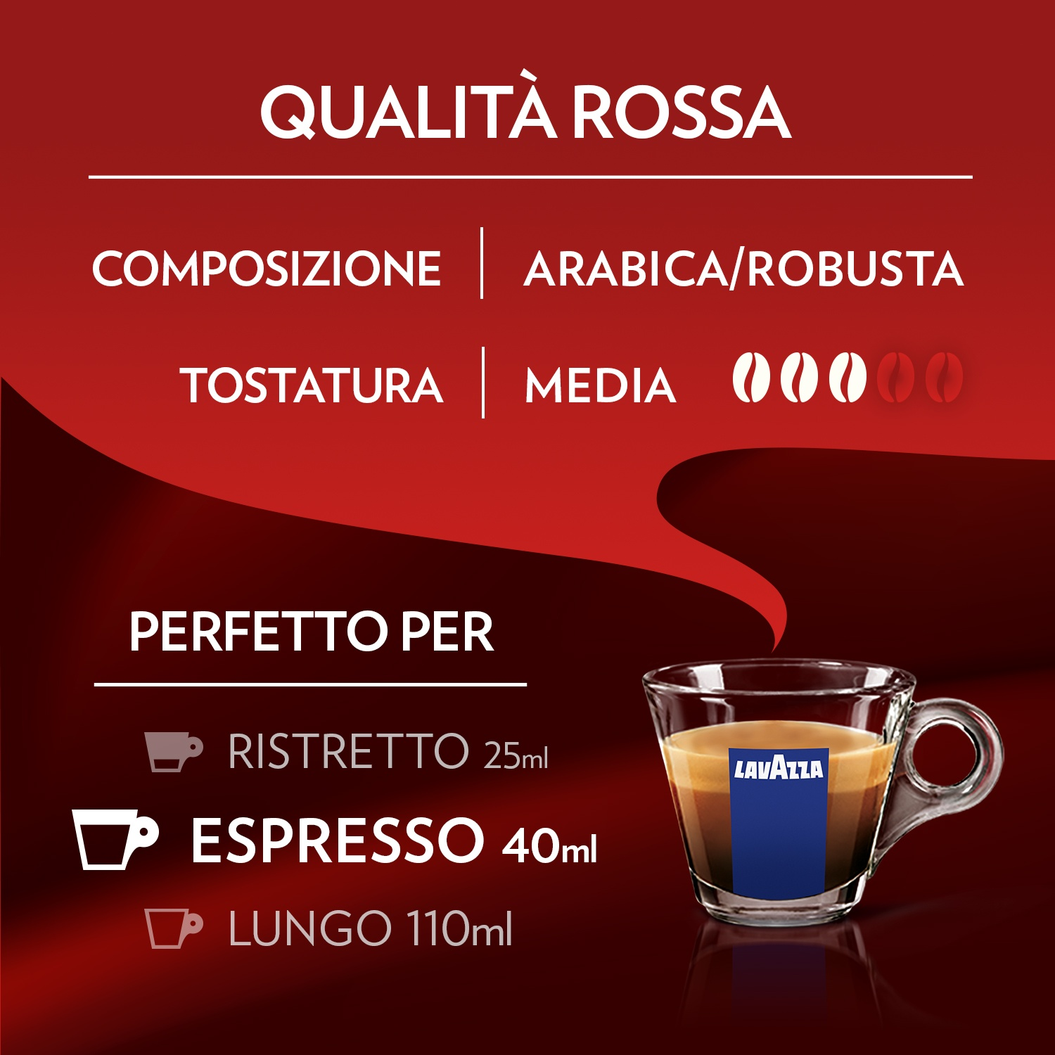Immagine di una tazza di caffè con logo Lavazza. Il testo descrive il caffè: Arabica/Robusta, tostatura media, perfetto per ristretto, espresso e lungo.