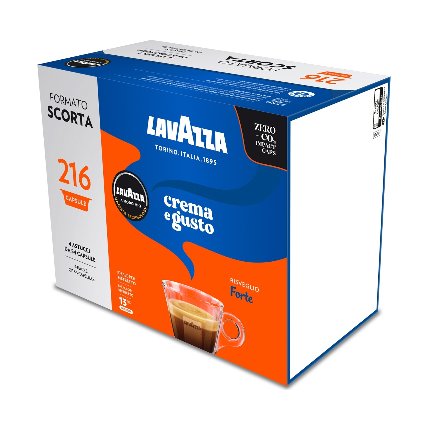 Una scatola di caffè Lavazza. Mostra il marchio, i dettagli del prodotto e un'immagine di caffè in un bicchiere.