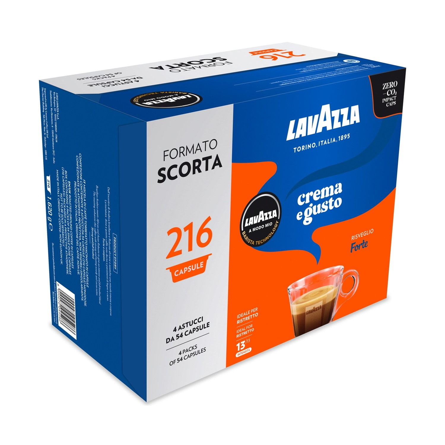 Scatola di caffè Lavazza. Colori blu e arancione. Contiene 216 capsule. Tazza di caffè con crema e gusto.
