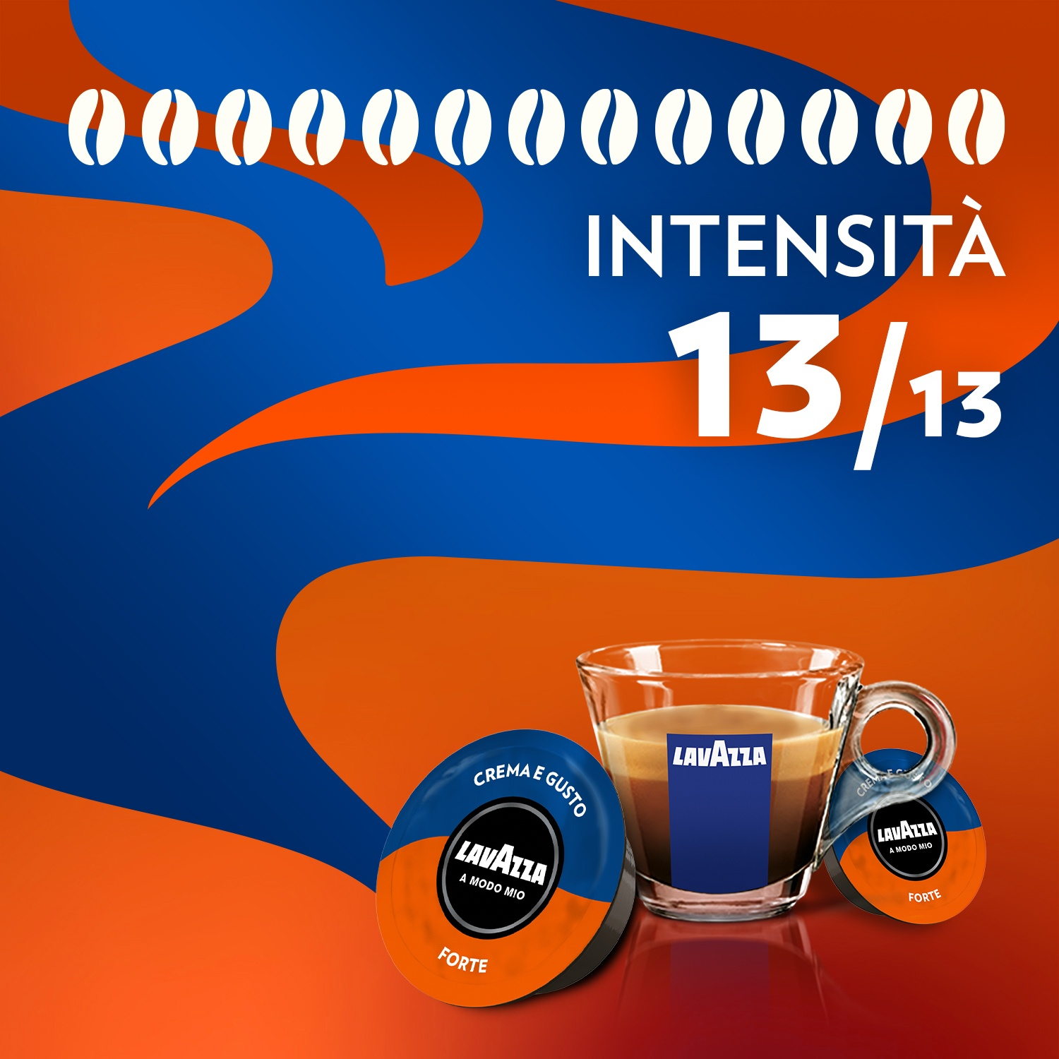 Una pubblicità per il caffè Lavazza, con chicchi di caffè, una tazza di caffè e due capsule di caffè, su sfondo blu e arancione.