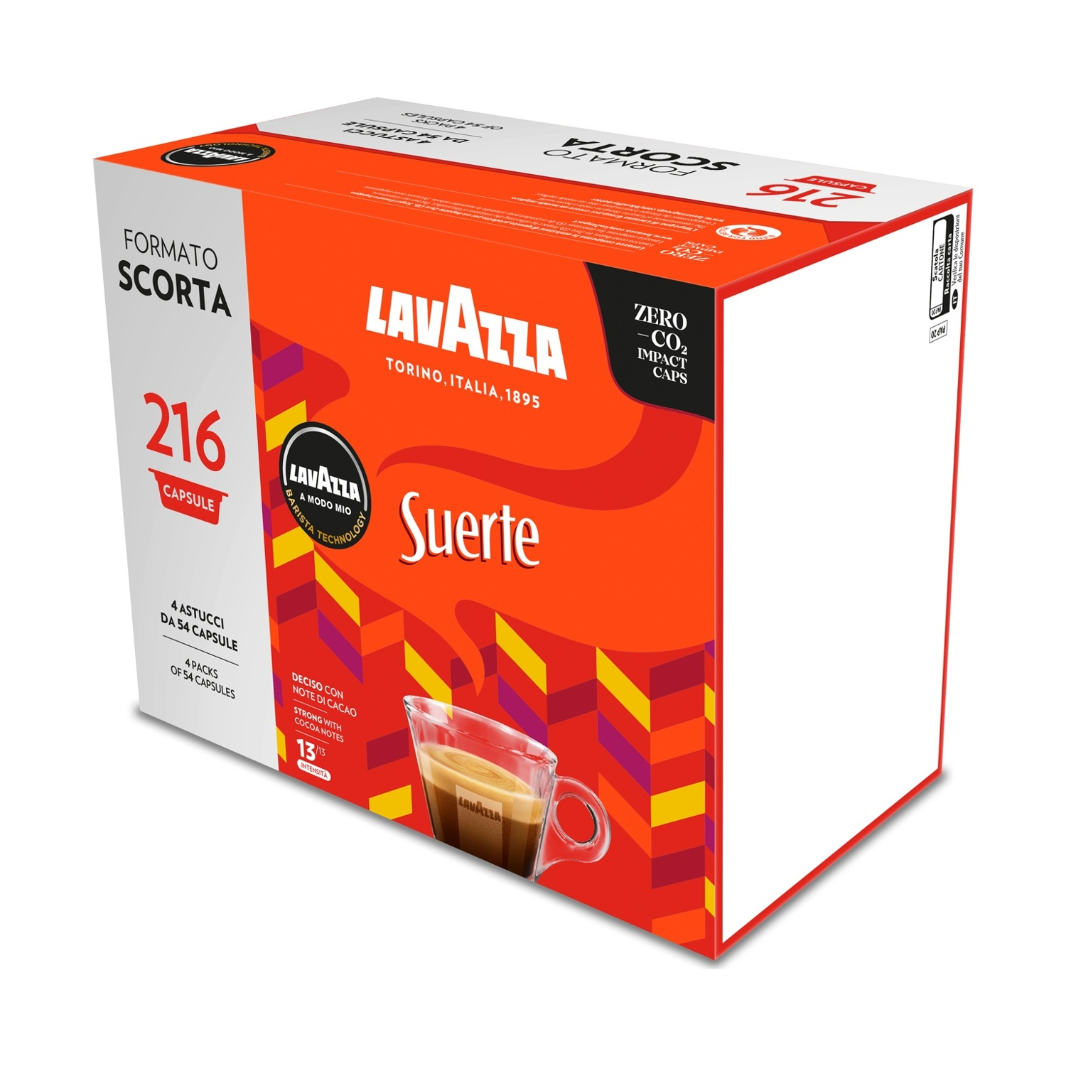 Una scatola di caffè Lavazza con colori arancione e bianco. Presenta il nome del marchio e l'immagine di una tazza di caffè.