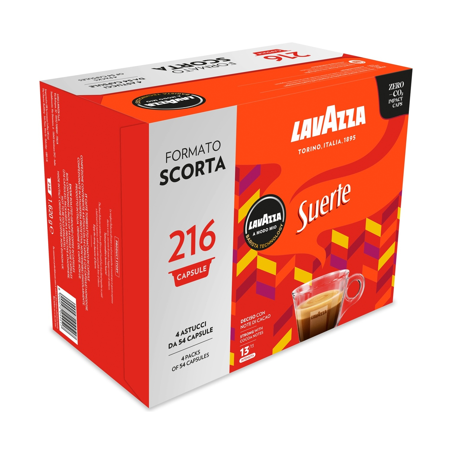 Scatola di caffè Lavazza. Arancione e bianca, con testo e immagine di tazza di caffè. Contiene 216 capsule.