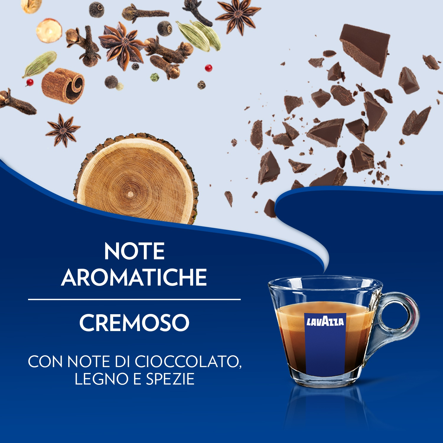L'immagine presenta tazza di caffè, pezzi di cioccolato, spezie e una fetta di legno. Il testo dice: 'Note aromatiche, cremoso, con cioccolato, legno e spezie'.