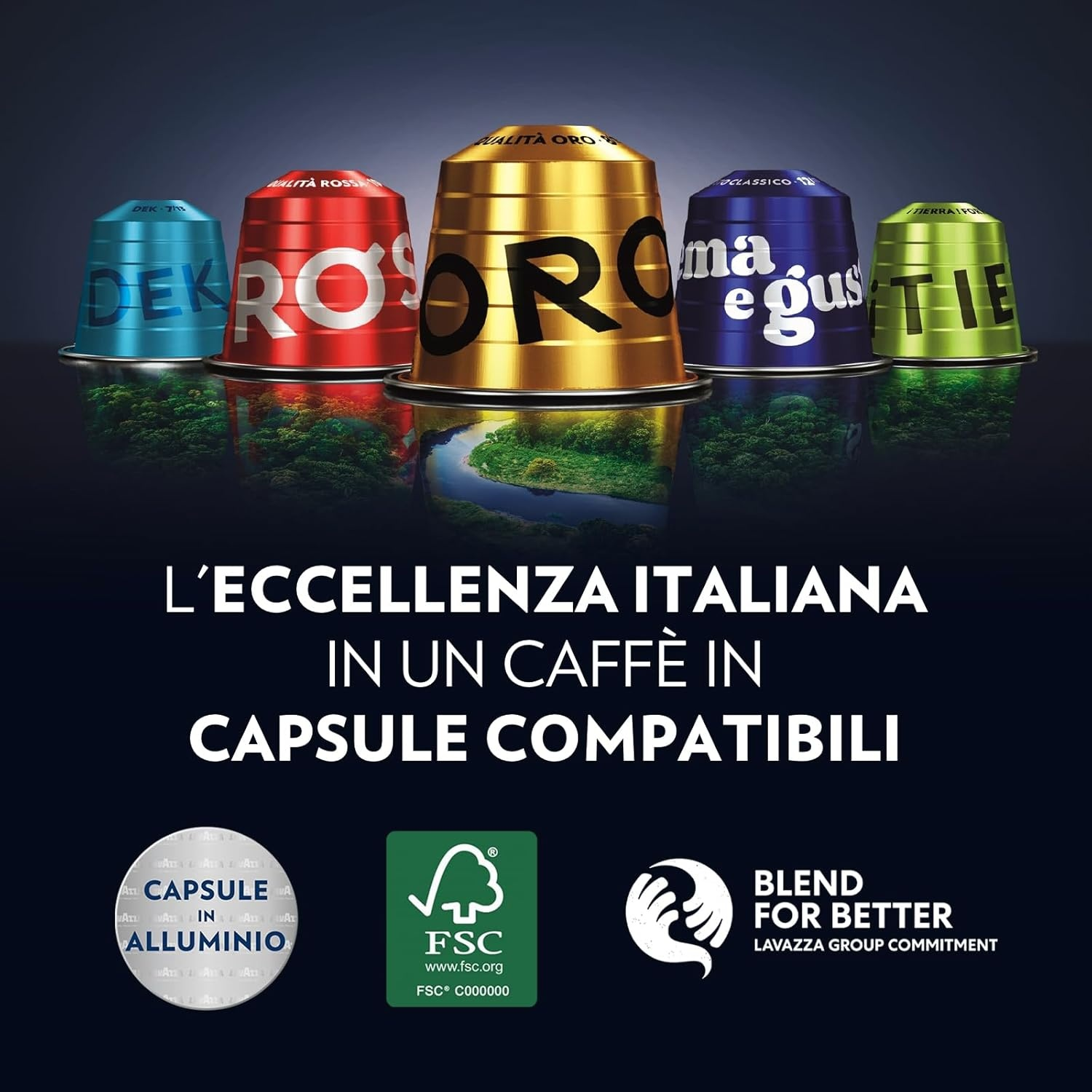 L'immagine mostra capsule di caffè di diversi colori. Il testo sopra e sotto indica che si tratta di caffè italiano.