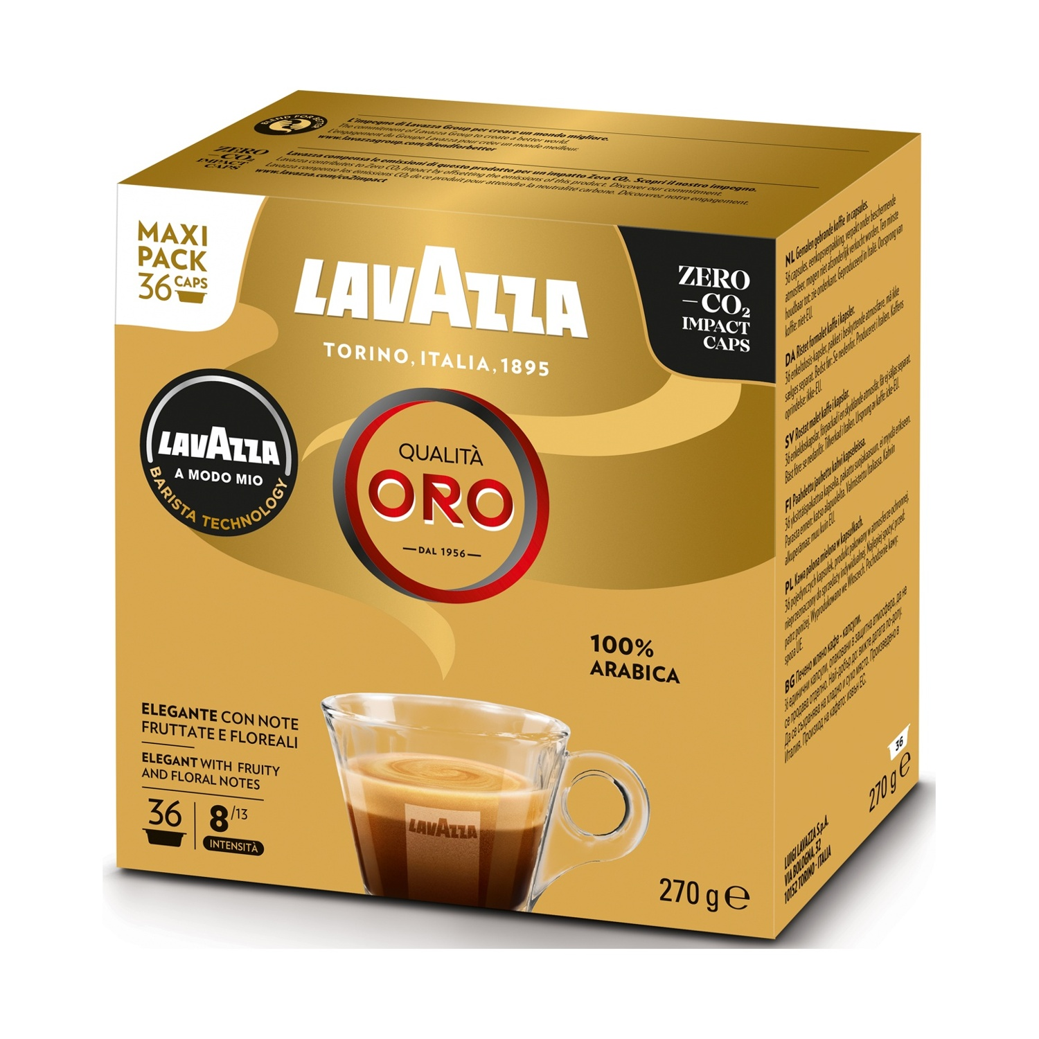 Scatola di caffè Lavazza con una tazza di caffè. I colori oro e marrone dominano. Il testo include il marchio e i dettagli del prodotto.