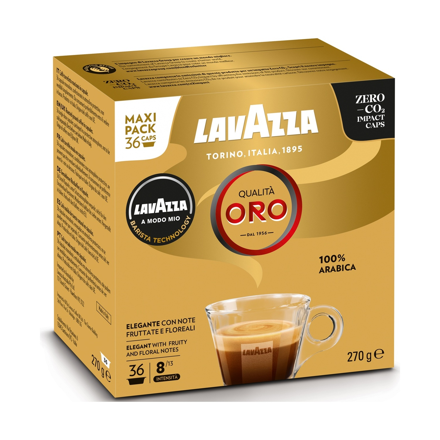 Scatola di capsule di caffè Lavazza. Contiene una tazza di vetro con caffè, logo del marchio e testo in più lingue.