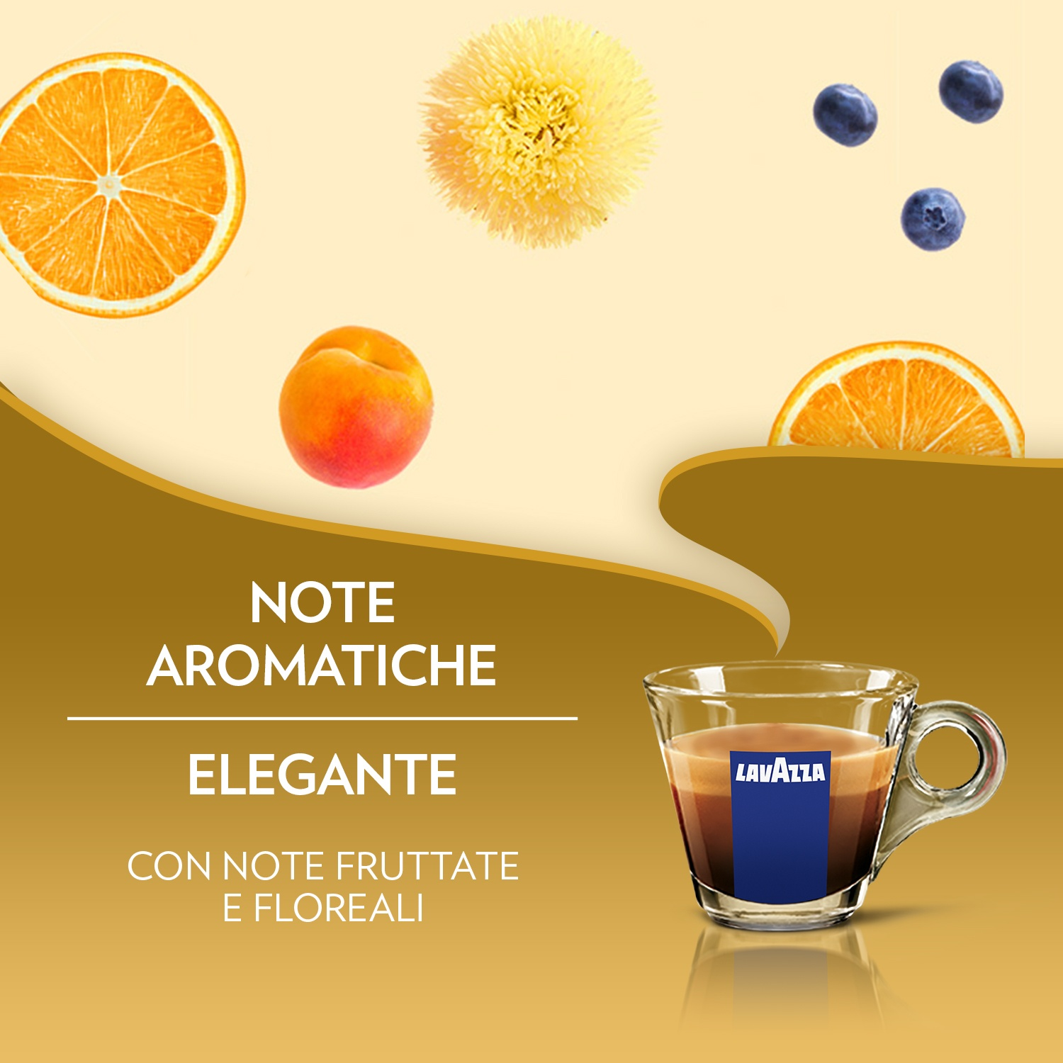 L'immagine presenta caffè, frutta (arancia, albicocca, mirtilli) e un fiore giallo. Il testo evidenzia note aromatiche ed eleganti con frutta e fiori.