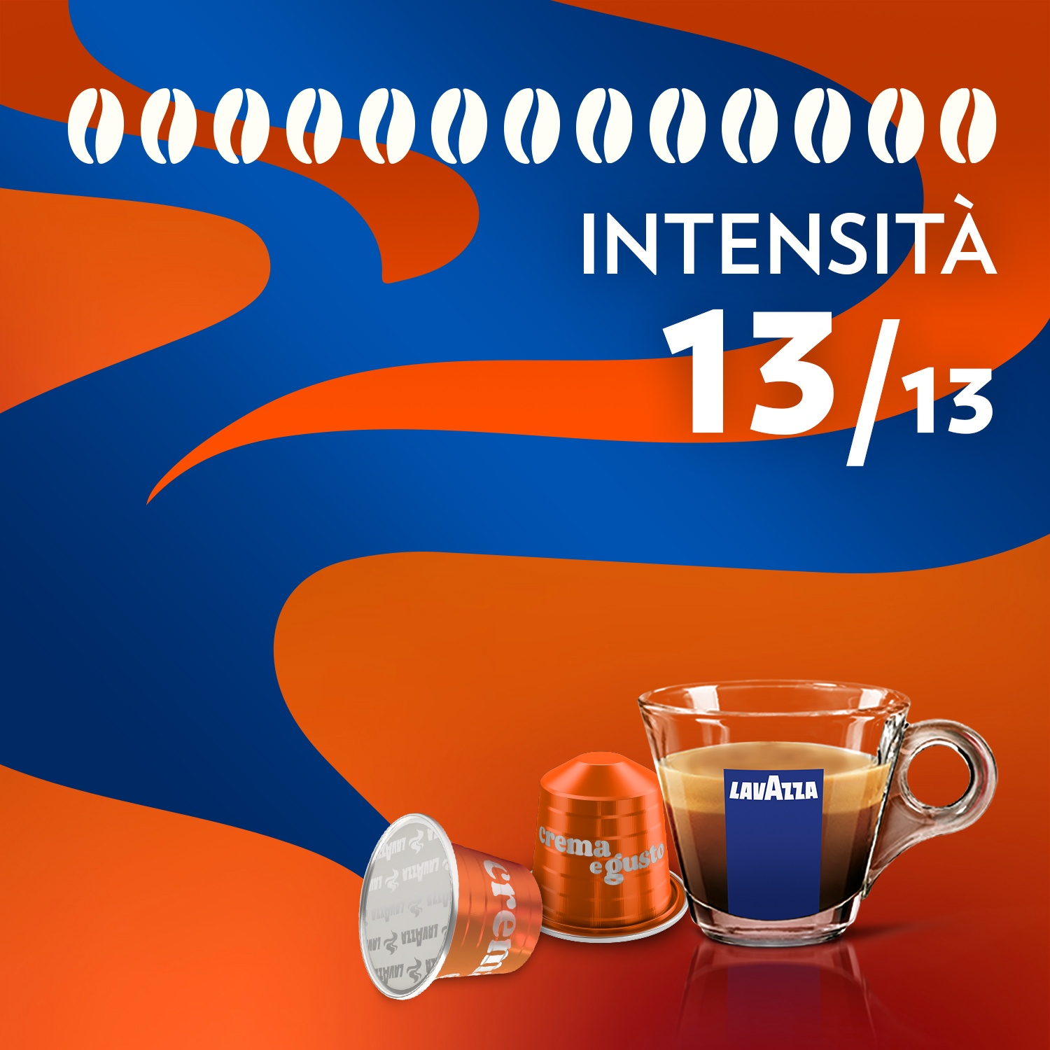 L'immagine mostra capsule di caffè, una tazza di caffè e testo su sfondo blu e arancione. Il testo dice 'Intensità 13/13'.