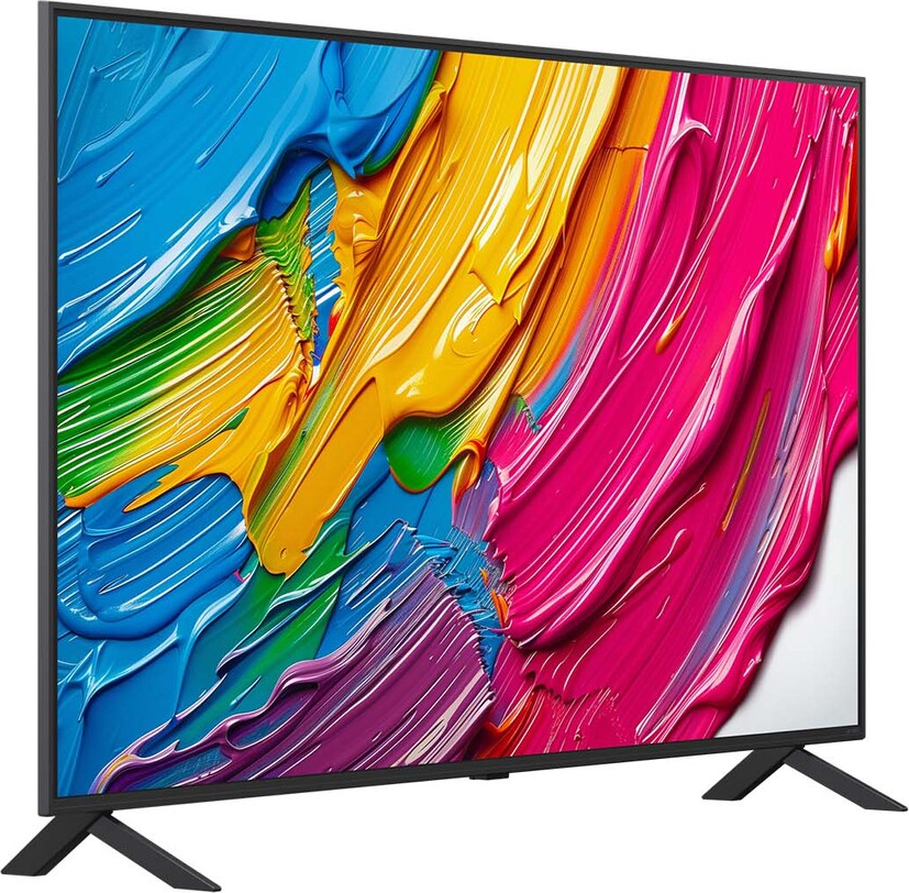 Un televisore a schermo piatto mostra arte astratta colorata in blu, giallo e rosa. Il televisore è su un supporto nero.