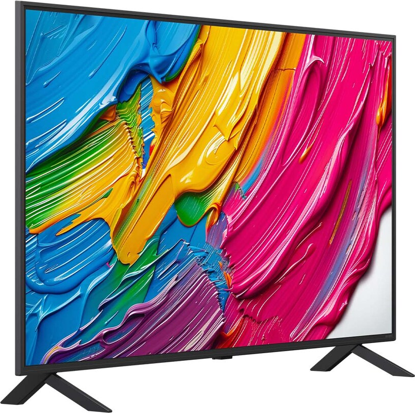 Una TV a schermo piatto mostra arte astratta con vivaci pennellate di blu, giallo, rosa e verde. Supporto nero.