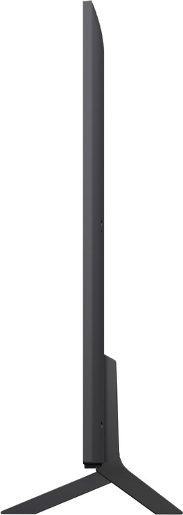 Vista laterale grigio scuro di un televisore a schermo piatto con supporto. Lo schermo è sottile e il supporto ha due gambe. Sfondo bianco.