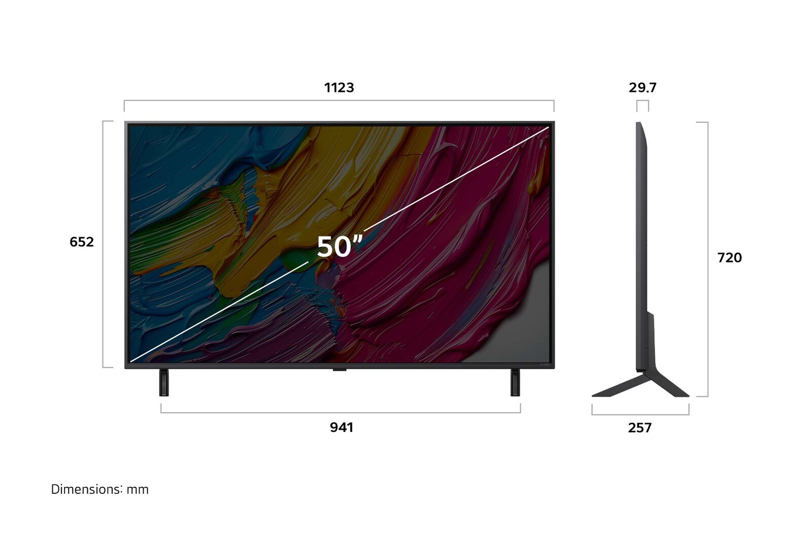 Una TV da 50 pollici con dimensioni in mm. Lo schermo mostra arte astratta colorata. Vengono fornite le misure di altezza, larghezza e profondità.