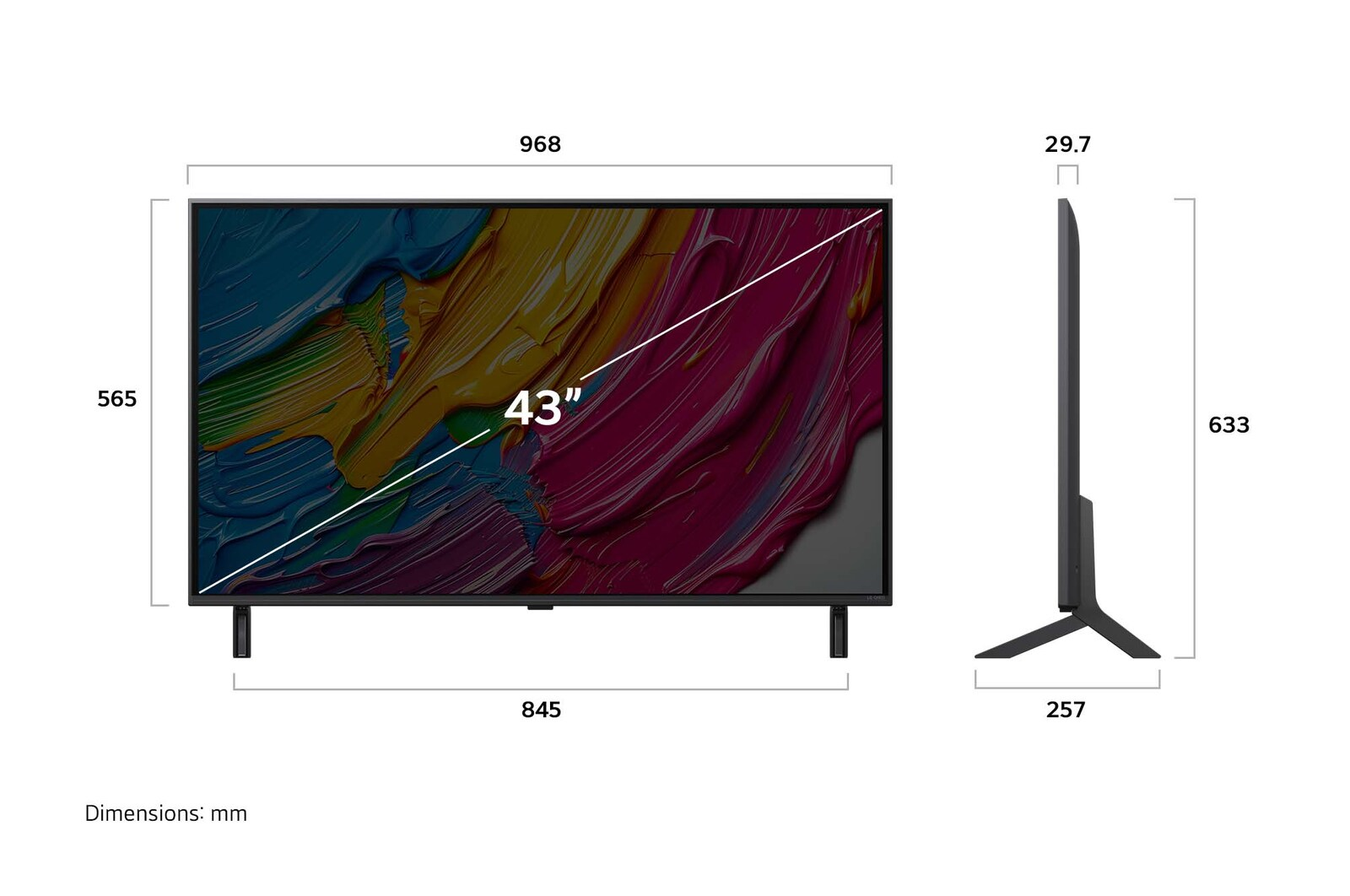 Ein 43-Zoll-Fernseher mit angegebenen Abmessungen. Der Bildschirm zeigt farbenfrohe abstrakte Kunst. Maße: 968x565x29,7 mm. Der Fernseher steht auf zwei Beinen.
