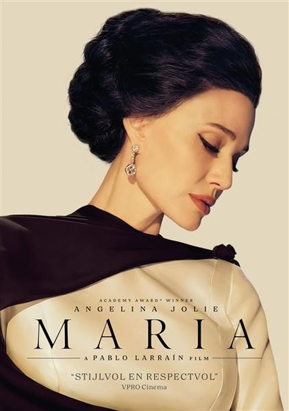 Affiche du film 'Maria'. Angelina Jolie est en vedette, regardant vers le bas. Le texte comprend le réalisateur et une citation en néerlandais.