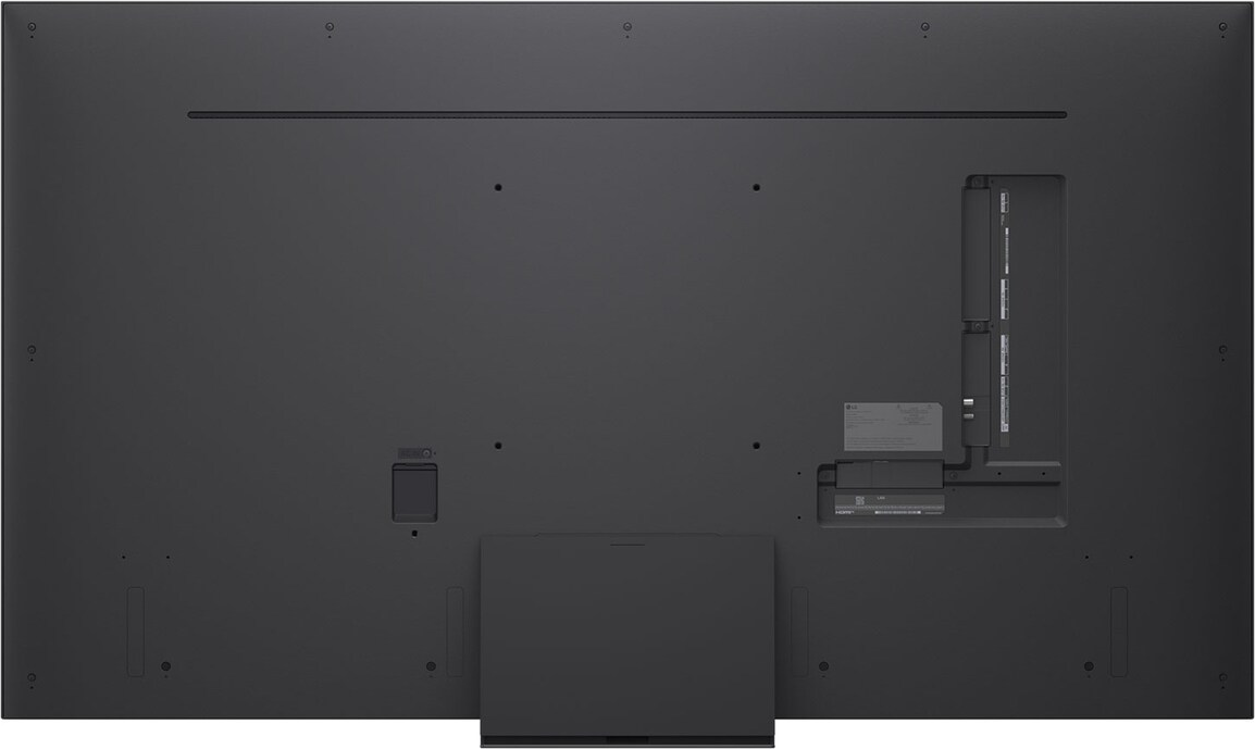 Arrière d'un grand téléviseur LG gris foncé. Comprend des ports, un connecteur d'alimentation et une grande base rectangulaire en bas.