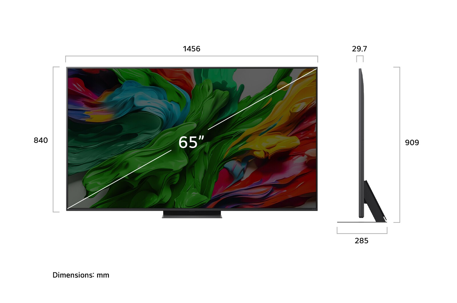 Un téléviseur de 65 pouces est présenté avec des dimensions. L'écran affiche de l'art abstrait coloré. Des mesures de hauteur et de largeur sont également données.