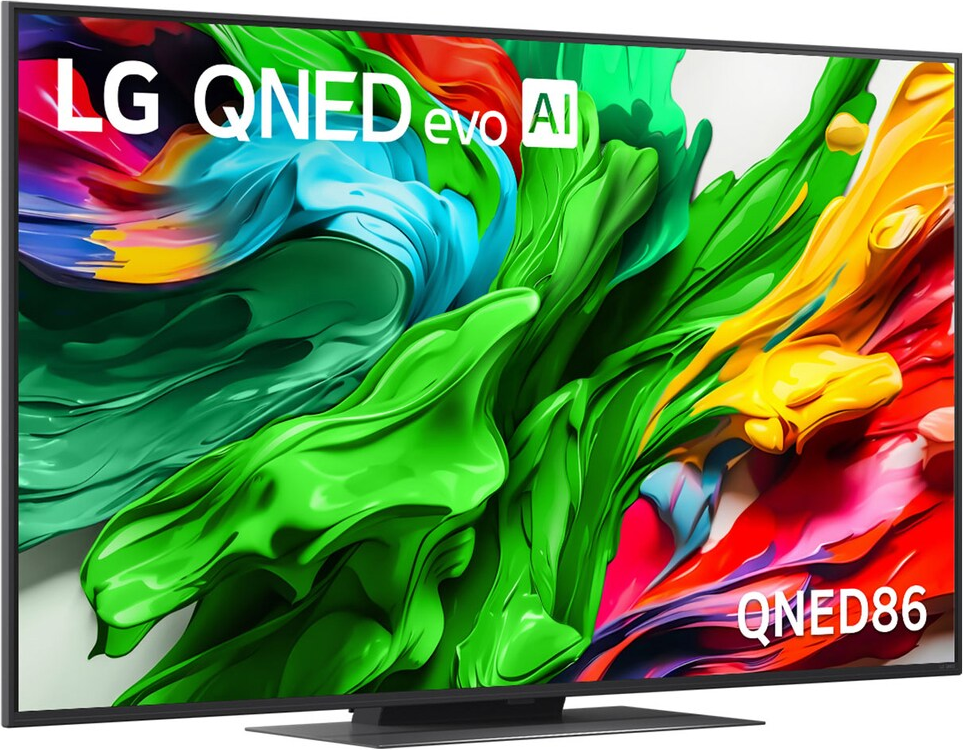 L'écran du téléviseur LG QNED evo AI affiche de l'art abstrait coloré. Le téléviseur est sur un pied. Le nom du modèle QNED86 est visible.
