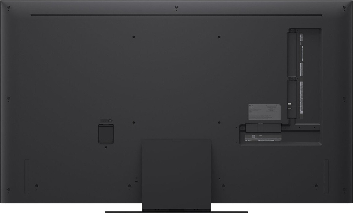 Vue arrière d'un grand téléviseur LG gris foncé. Il possède divers ports et connecteurs sur le côté droit et en bas. Un support est fixé.