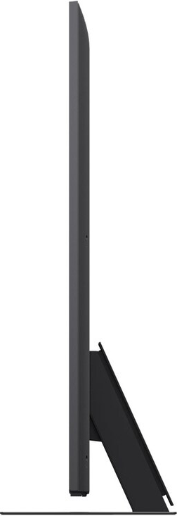 Vue latérale d'une télévision gris foncé avec un support noir. L'écran est vertical et rectangulaire. Le support est incliné vers l'arrière.