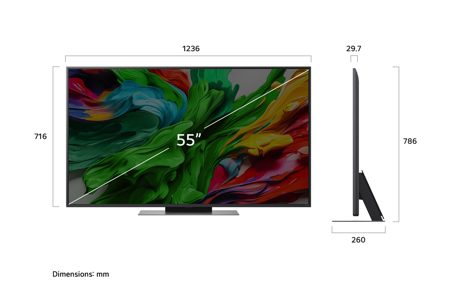 Un téléviseur 55" avec un art abstrait coloré, dimensions en mm. Vue latérale montre l'épaisseur. Dimensions: 1236x716x29,7 et 260x786 mm.