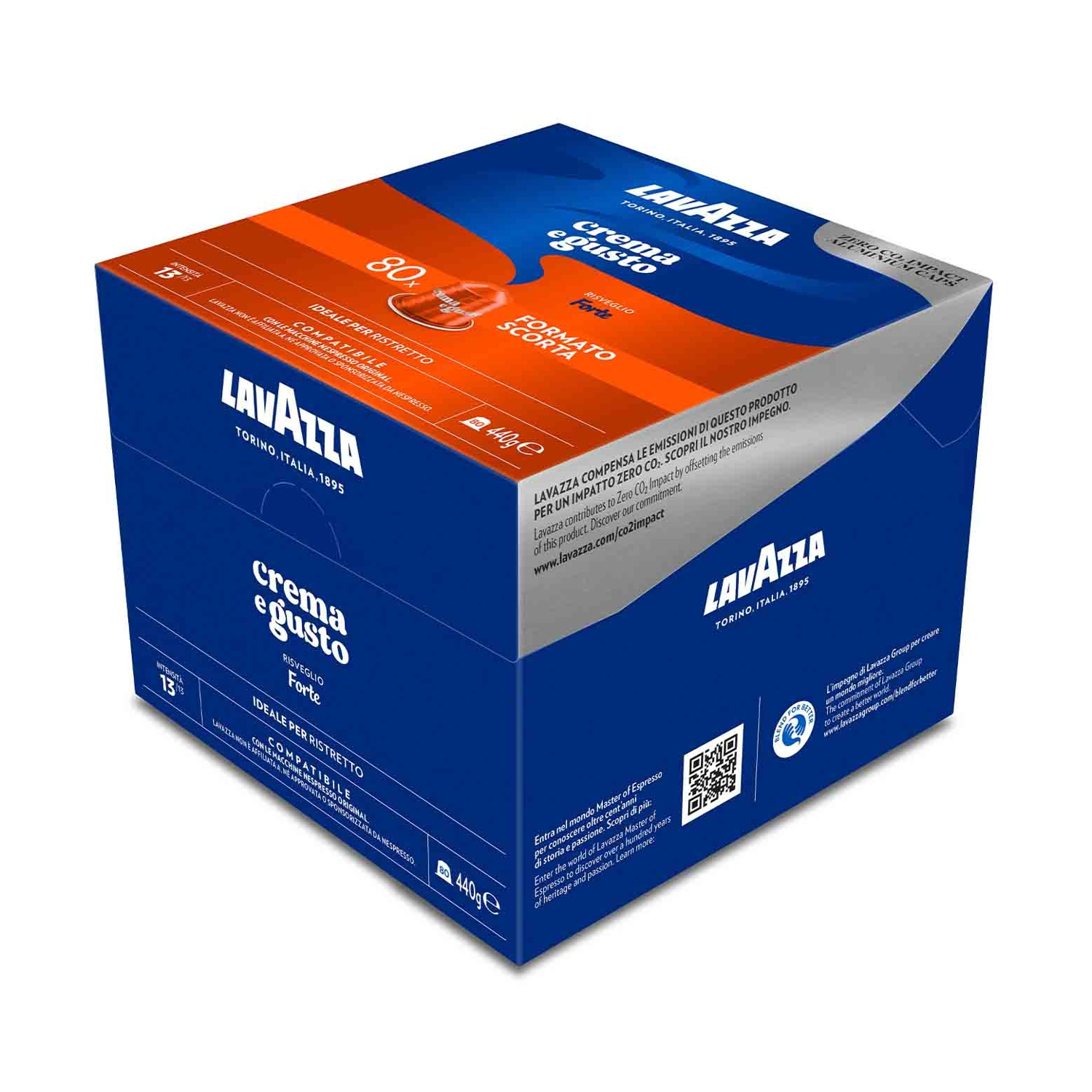 Scatola di caffè Lavazza. Scatola blu con capsule di caffè. Il testo include 'crema e gusto' e 'compatible'. Sfondo bianco.