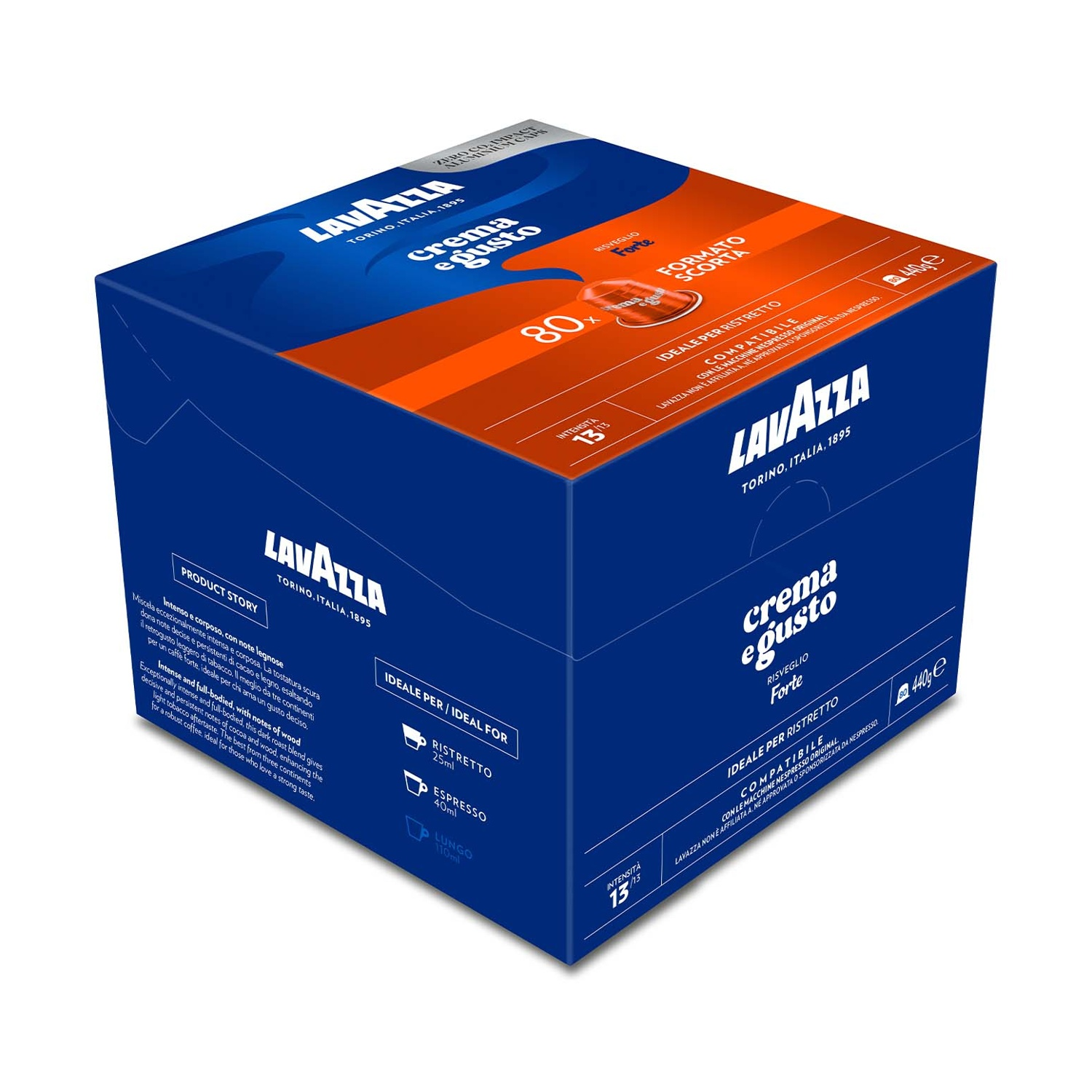 Una scatola di caffè Lavazza blu. Presenta il logo del marchio, i dettagli del prodotto e il testo in italiano. La scatola è per le macchine Nespresso.