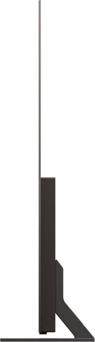 Vue latérale d'un téléviseur noir et fin avec un pied. L'écran est grand et mince, avec une base simple pour le support.