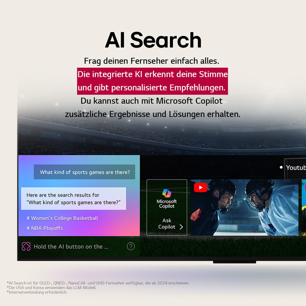 Écran TV affichant les fonctionnalités de recherche IA. Le texte comprend des invites et résultats de recherche, jeux sportifs et Copilot.