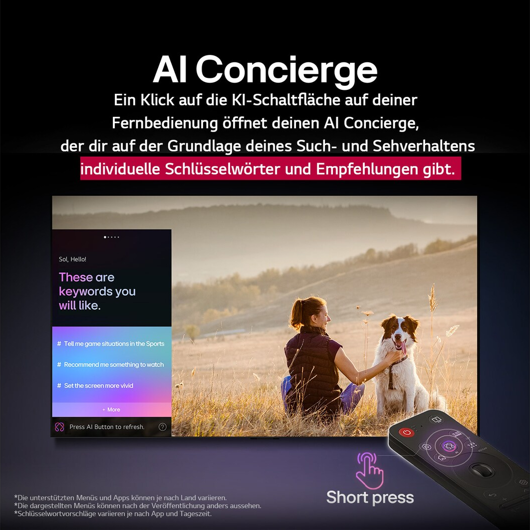 Une femme avec un chien est assise dans un champ. Une télécommande en bas à droite affiche 'Appui court'. L'écran affiche 'AI Concierge'.