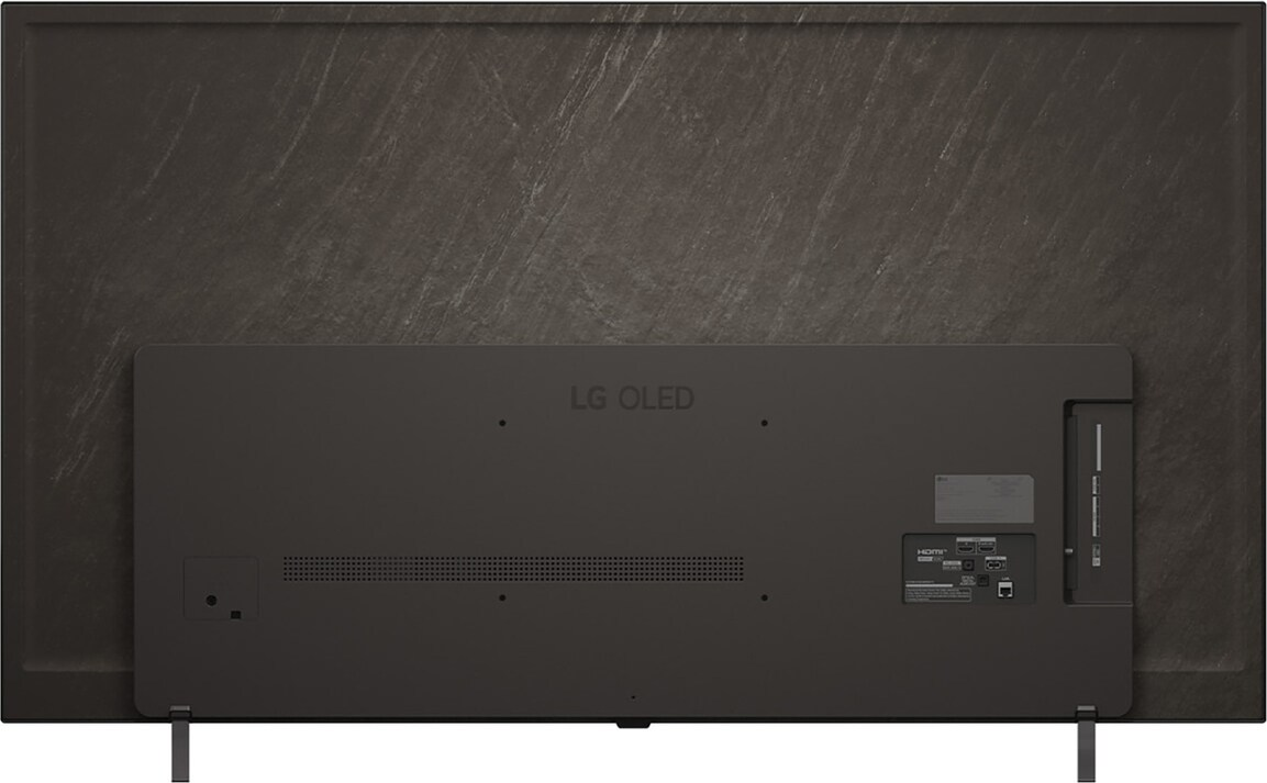 Retro di un televisore LG OLED. Grigio scuro. Ha porte, prese d'aria e un supporto.