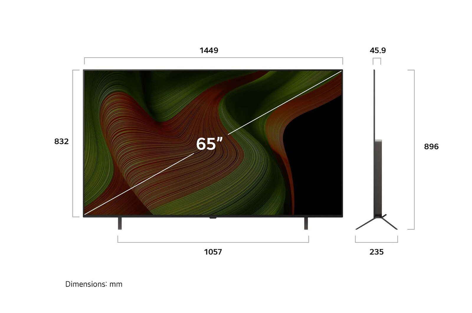 Una TV da 65 pollici con dimensioni visualizzate. La vista frontale mostra lo schermo con un motivo ondulato. Vista laterale mostra spessore e supporto.