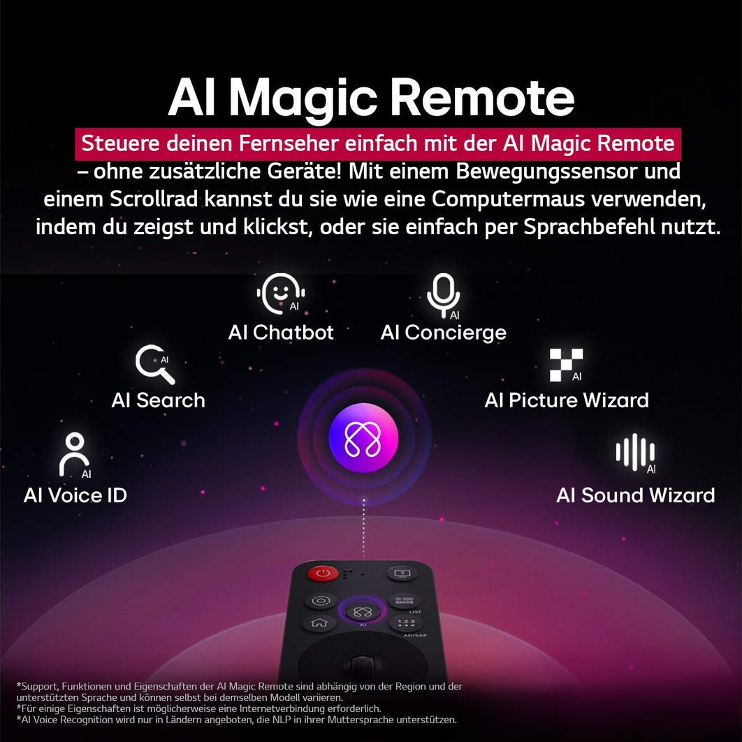 Viene mostrato un telecomando con varie funzionalità AI. Lo sfondo è scuro con accenti viola, le icone rappresentano le funzioni.