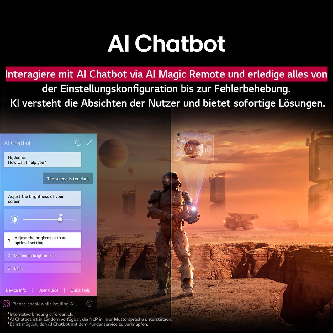 Un astronauta in un ambiente futuristico, che utilizza un chatbot AI. Lo schermo suggerisce le impostazioni di luminosità, con un pianeta sullo sfondo.