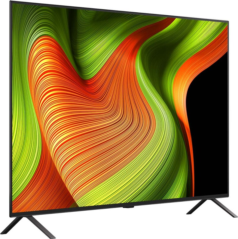 Un téléviseur à écran plat affiche un motif abstrait de lignes orange, vertes et jaunes fluides sur fond noir. 