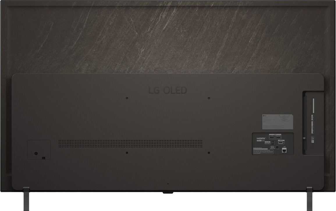Vue arrière d'un téléviseur LG OLED gris foncé. On peut voir les ports, les aérations et le logo LG OLED.