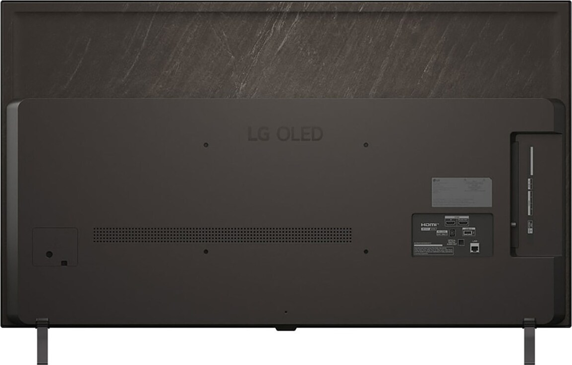 Vue arrière d'un téléviseur LG OLED. Dos gris foncé avec ports, ventilation et logo LG OLED. Supporté par deux pieds.
