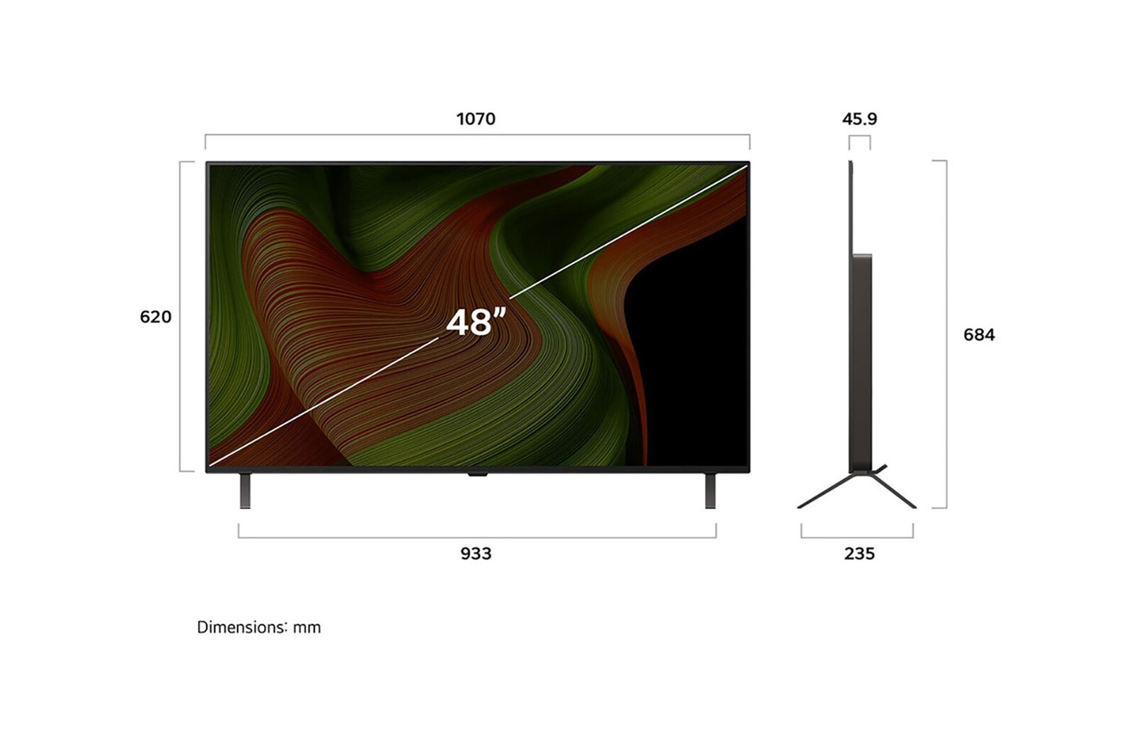 Un téléviseur de 48 pouces avec dimensions étiquetées. L'écran affiche un motif tourbillonnant vert et marron. Les dimensions sont en millimètres.