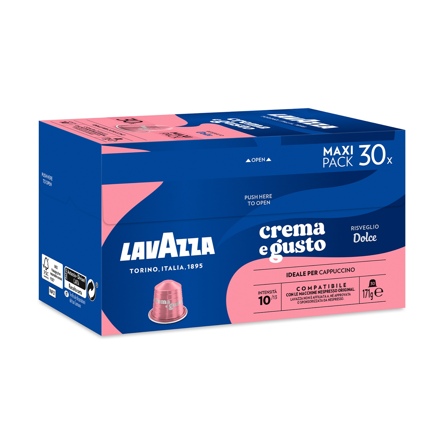 Una scatola di caffè Lavazza blu e rosa. Contiene 30 capsule, etichettate "crema e gusto", ideale per cappuccino.