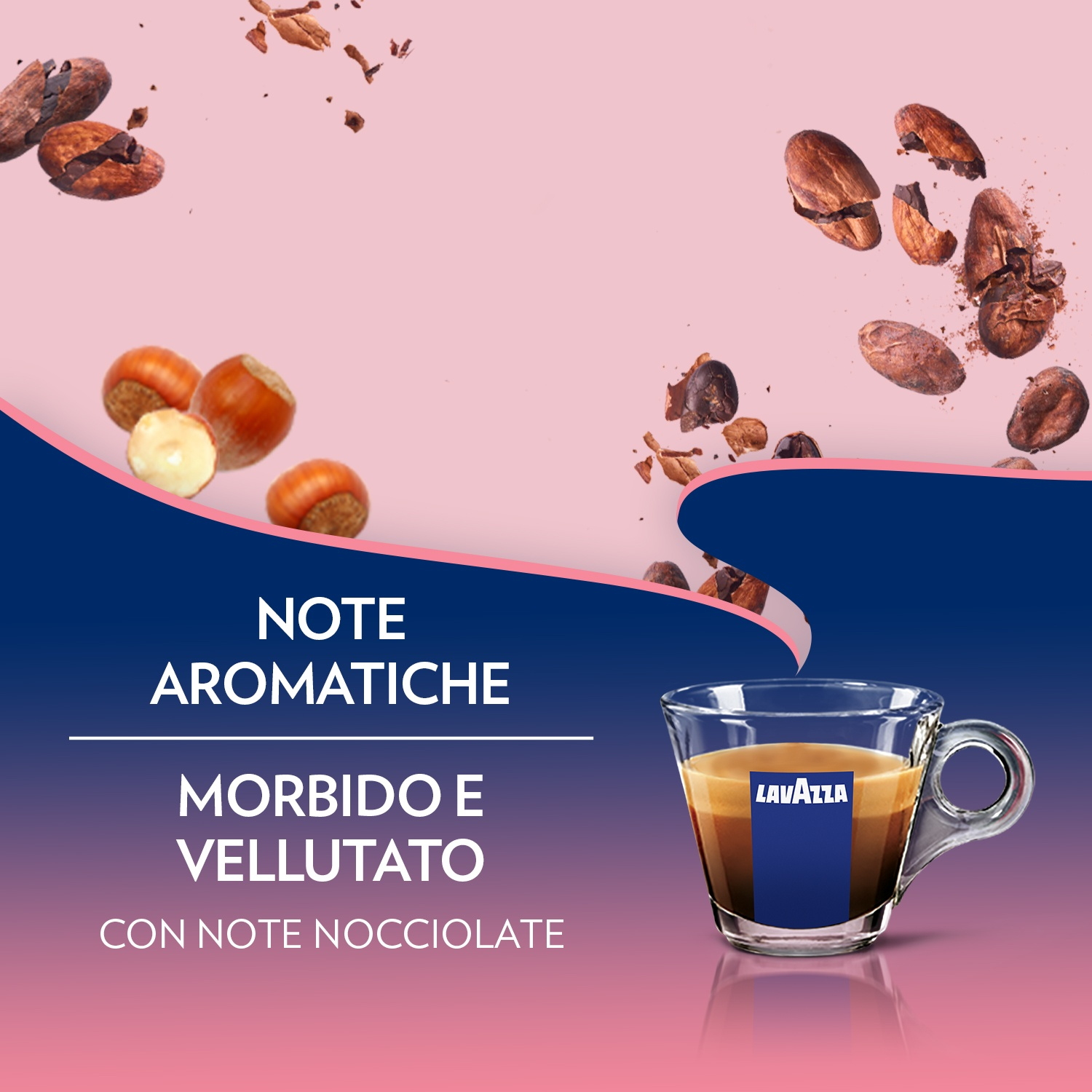 L'immagine mostra nocciole, chicchi di cacao e una tazza di caffè Lavazza. Il testo a sinistra descrive il caffè come aromatico, liscio e vellutato.