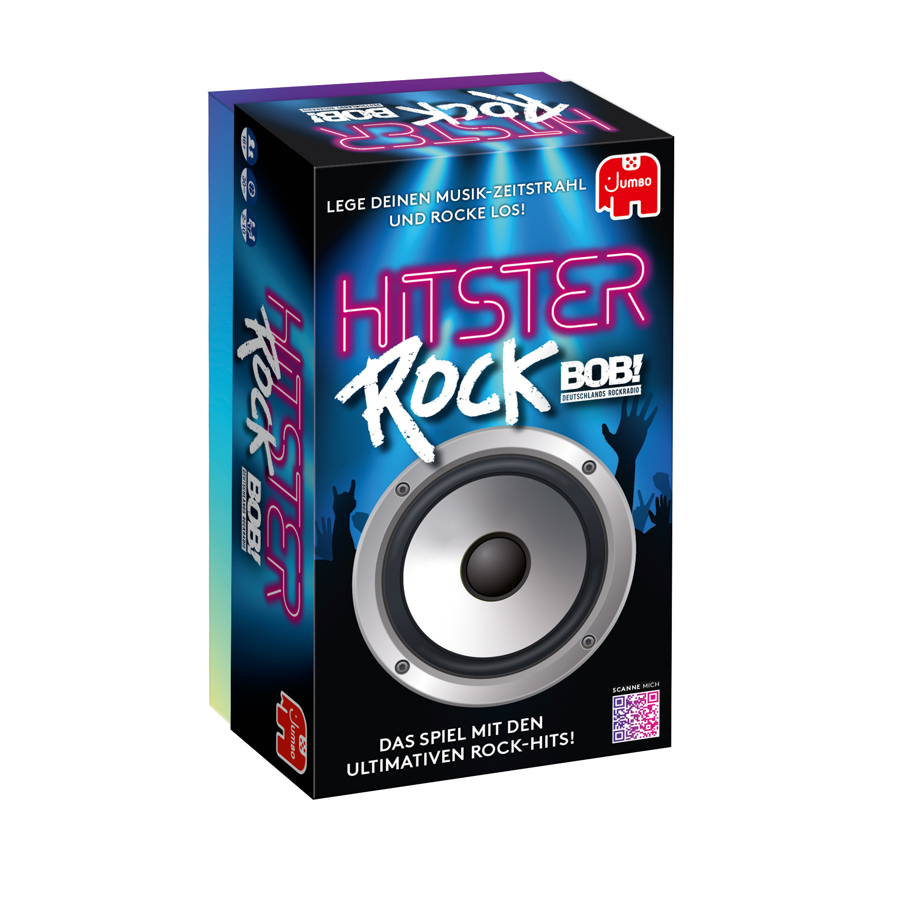Box-Art für 'Hitster Rock Bob!'. Enthält eine Lautsprechergrafik, Neontext und das Jumbo-Logo.