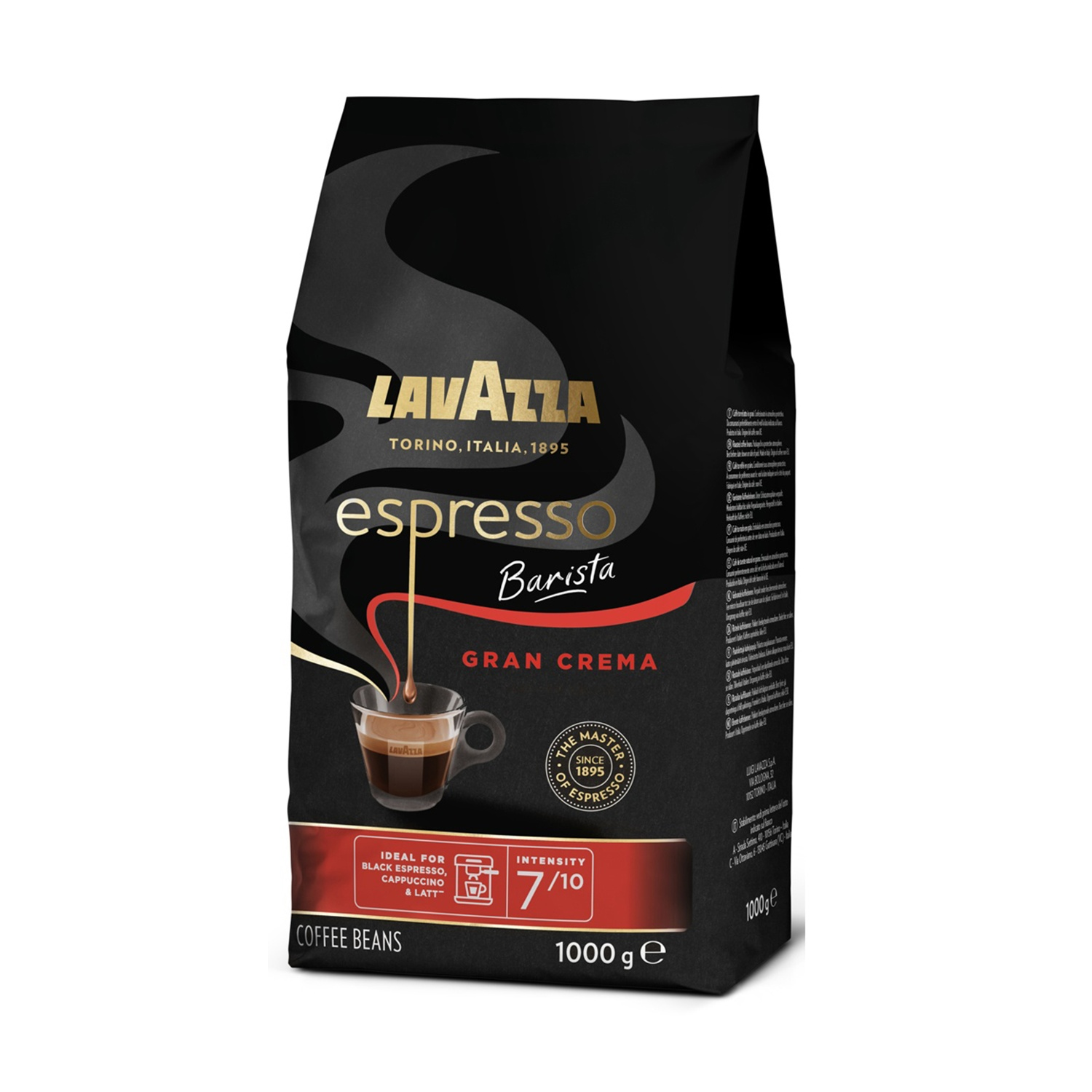 Una confezione di caffè espresso Lavazza nera. Ha un'immagine di tazza di caffè, livello di intensità 7/10 e testo 'Gran Crema'. I chicchi sono 1000g.