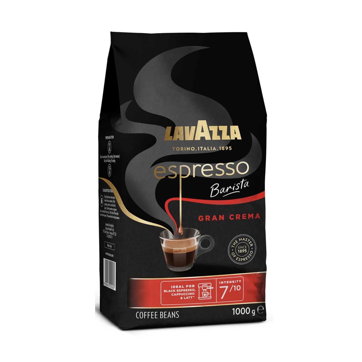 Un sacchetto di caffè Lavazza nero. Dice 'espresso Barista Gran Crema'. Mostra una tazza di caffè con intensità 7/10. Chicchi di caffè 1000g.