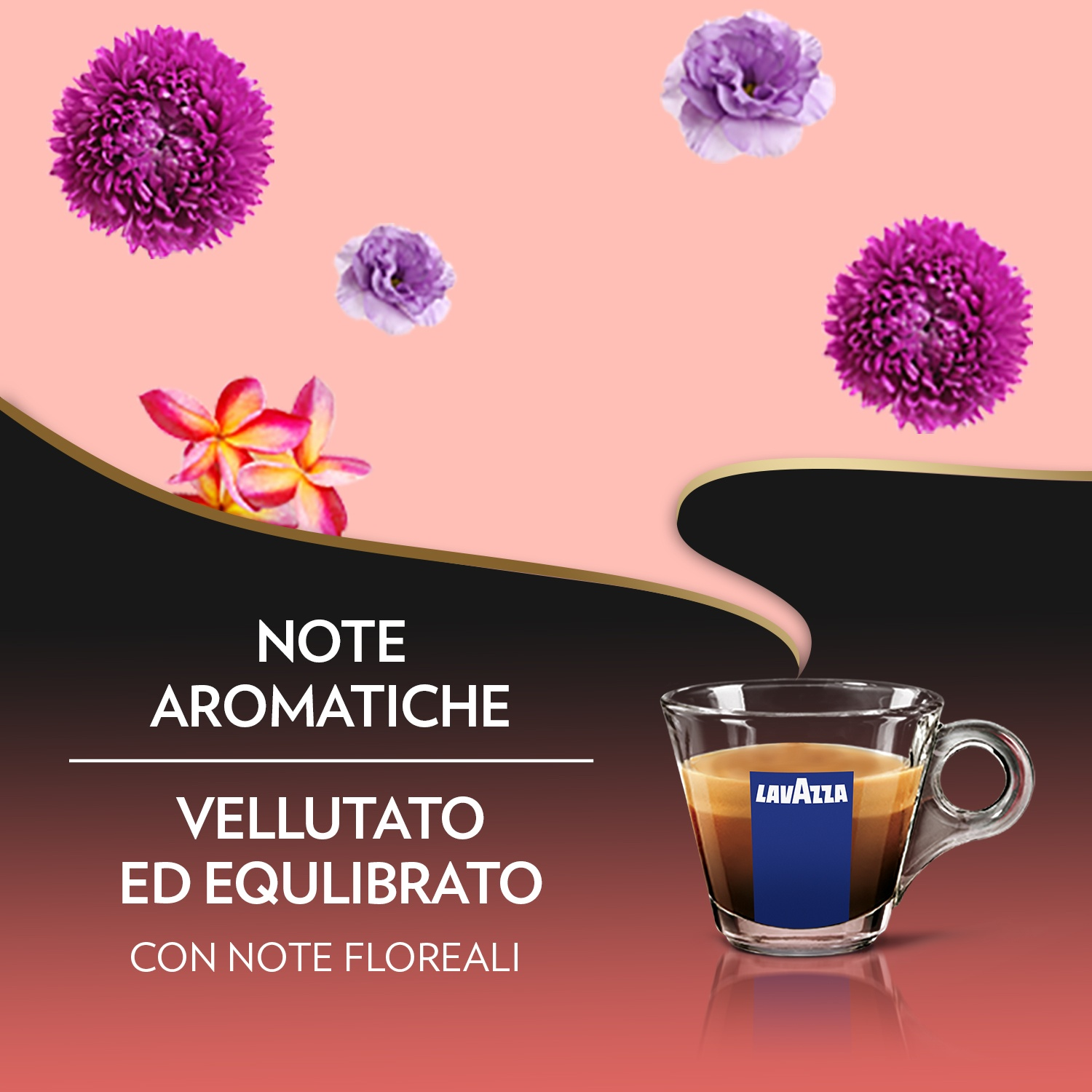 L'immagine mostra fiori e una tazza di caffè. Il testo recita 'Note Aromatiche' e 'Vellutato ed Equilibrato'. La tazza di caffè ha l'etichetta Lavazza.