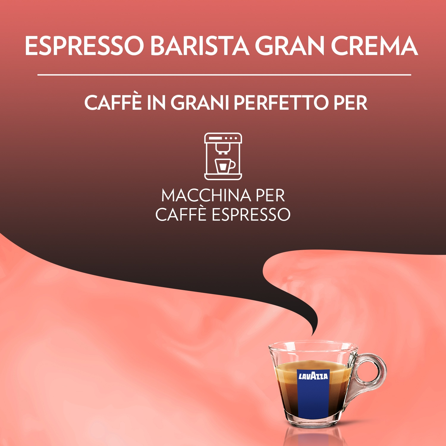 Una tazza di espresso con liquido scuro. Il testo in alto dice 'Espresso Barista Gran Crema'. È presente un'illustrazione di una macchina da caffè.